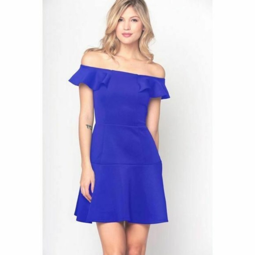 Yumi Kim Flirty with Me Blue Ruffle Off-Shoulder Fit & Flare/Skater Dress XS